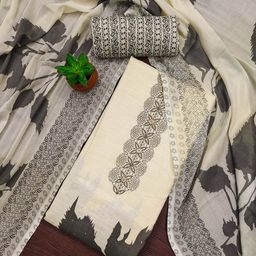 HERE&NOW Floral Printed Beads And Stones Cotton Unstitched Dress Material-52
