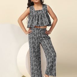 YK Girls Floral Printed Square Neck Sleeveless Top With Trousers-image-13