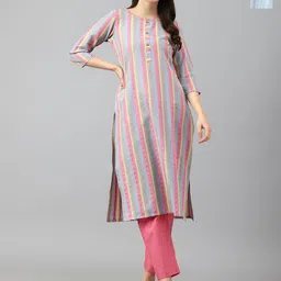 KALINI Selection of 2 Striped Round Neck Straight Kurtas with Trousers-image-95
