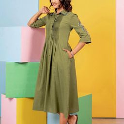 MISRI Women Shirt Collar Embroidered Cotton A-Line Midi Dress-image-32