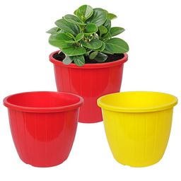 Kuber Industries 3-Pcs Yellow & Red Striped Flower Planters-55