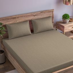 Trance Home Linen Taupe Printed Cotton 300 TC Fitted Queen Bedsheet Set- 1.90 m x 1.52 m-image-44