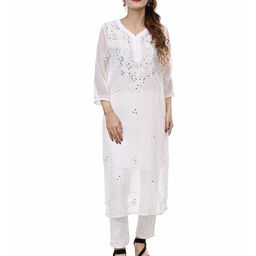 BEAUTY CHIKAN HANDICRAFTS Floral Embroidered V-Neck Mirror Work Georgette Kurta-image-75