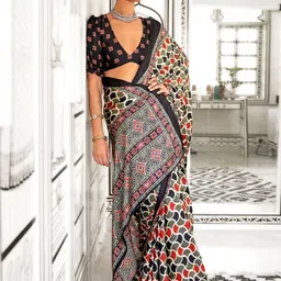 Mitera Ajrak Block Poly Crepe Block Print Saree-4