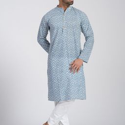 Cotton Curio Men Geometric Printed Thread Work Block Print Kurta-11