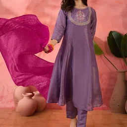 Sangria Lavender Floral Yoke Design Zari A-Line Kurta With Trouser And Dupatta-41