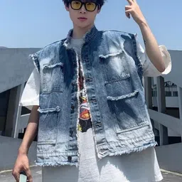 KPOP Men Stand Collar Sleeveless Cotton Denim Jacket-image-17