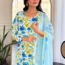 kalini Women's Georgette Printed Straight Kurta with Pant And Dupatta Sets image 3