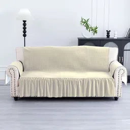 Myntra Elegant Homes Cream-Coloured Solid Velvet 3 Seater Sofa Cover With Arms-image-92