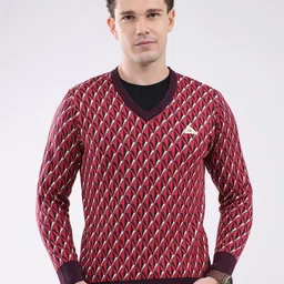 Monte Carlo Men Geometric Self Design V-Neck Woollen Pullover-image-30