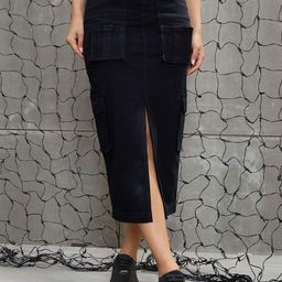 SASSAFRAS Women Black Denim Box pocket Pencil Midi Skirts-image-56