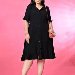 PrettyPlus by Desinoor.com Plus Size Lapel Collar A-Line Midi Dress-61