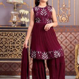 Sangria Girls Sequin Embroidered Kurta With Sharara & Dupatta-image-60