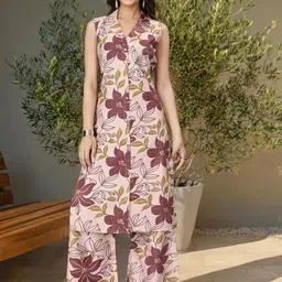 SZN Women Floral Printed Lapel Collar Regular Kurta with Palazzos-image-44