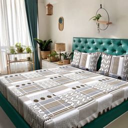 Aura White & Brown Geometric Printed 300 TC Super King Bedsheet with 2 Pillow Cover-15