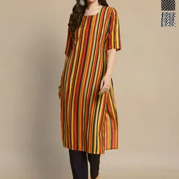 HERE&NOW Selection Of 3 Striped Round Neck Straight Kurtas-picture-5