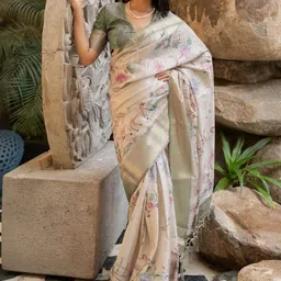 KALINI Beige,Dark Greyish Green N Multicolor Floral Printed Silk Blend Saree-image-32