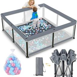 Baby Playpen Kids Play Area with Foldable Safety Mesh Playard (127*127cm, grey)-23