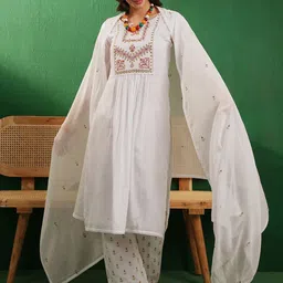 Sangria Yoke Design Notch-Neck Pure Cotton Kurta With Palazzo And Dupatta-image-44