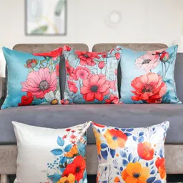 Vendola Blue & Red Set of 5 Floral Square Cushion Covers-6
