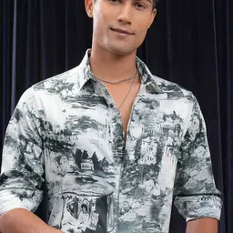 LOCOMOTIVE Men Cutaway Collar Abstract Printed Cotton Slim Fit Casual Shirt-image-17
