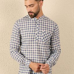 House of Pataudi Men Checked Mandarin Collar Pure Cotton Short Kurta-image-14
