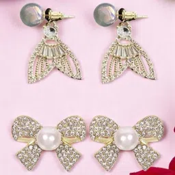 FIMBUL Set Of 2 Gold-Plated Rhinestone & Pearls Beaded Contemporary Drop Earrings-9