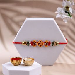 ADIVA 4-Pcs Cubic Zirconia-Studded Om Symbol Rakhi With Pooja Thali & Roli Chawal Bag-image-26