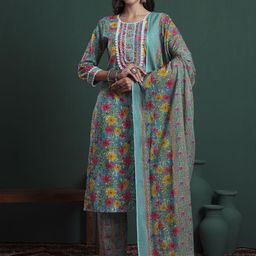 Yufta Floral Printed Pure Cotton Round Neck Straight Kurta With Trousers & Dupatta-picture-57