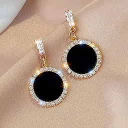 styledose Korean Sterling Silver Gold Plated Crystal Studded Circular Shaped Drop Earrings-9