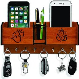 Om Ganesh Key Hanger And 2 Poket Wood Key Holder (8 Hooks, Brown) Wood Key Holder-14