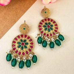 Zeviel Gold-Plated Artificial Stones Studded & Beaded Contemporary Antique Drop Earrings-13