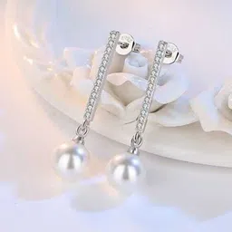 Bling Queen Silver-Plated Cubic Zirconia Studded & Pearls Beaded Spherical Drop Earrings-18