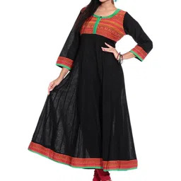 Inara Robes Women Black Printed Cotton Embroidered Anarkali Kurta-picture-9