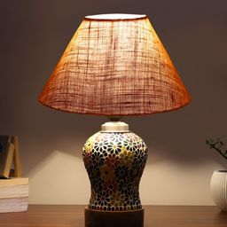 Devansh Beige Textured Traditional Frusturical Shaped Wooden Table Lamp & Mosaic Glass-4