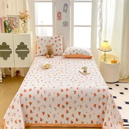 JC HOME White & Orange-Colored Printed 162 TC Double Queen Bed Cover With 2 Pillow Covers-picture-8