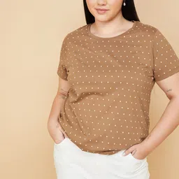max Women Plus Size Polka Dots Printed Round Neck Pure Cotton T-shirt-image-2