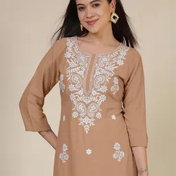 Uparna Women Light Brown Ethnic Motifs Embroidered Chikankari Kurta-picture-18