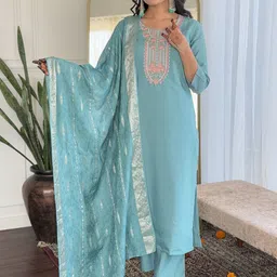KALINI Floral Yoke Design Thread Work Chanderi Silk Kurta With Trousers And Dupatta-picture-0