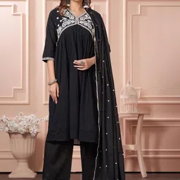 BulBul Motifs Embroidered Thread Work A-Line Pure Cotton Kurta With Palazzos & Dupatta-picture-10