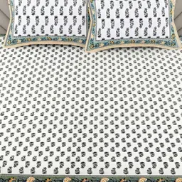 Adwitiya Green & White Floral 200 TC Pure Cotton Queen Bedsheet Set 2.28 m x 2.74 m-image-93