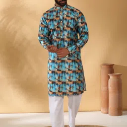 KRAFT INDIA Men Abstract Blue Printed Regular Straight Kurta-12
