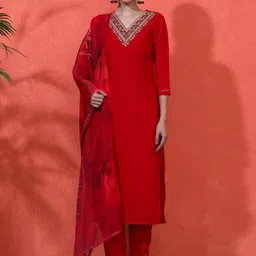 Sangria Women Embroidered Straight Kurta With Trousers & Dupatta-26