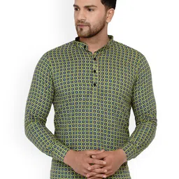 VEERA PARIDHAAN Geometric Printed Band Collar Long Roll-Up Sleeves Cotton Kurta-image-95