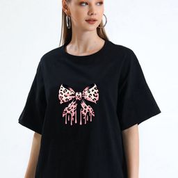 WOBE Women Bow Print Printed Round Neck Pure Cotton T-shirt-image-93