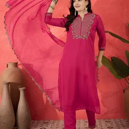 Sangria Floral Embroidered Mandarin Collar Sequinned Straight Kurta Trousers & Dupatta-51