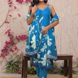 SKYLEE Women Floral Printed Regular Mirror Work Kurta with Trousers & Dupatta-image-99