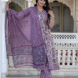ELVISH JAIPUR Women Ethnic Motifs Printed Regular Pure Cotton Kurta with Palazzos & With Dupatta image 3