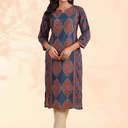 KALINI Ethnic Motifs Printed Notch Neck Sequinned Cotton Straight Kurta-picture-15
