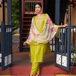 Colors of Earth Floral Embroidered Sequinned Straight Kurta with Palazzos & Dupatta-image-49